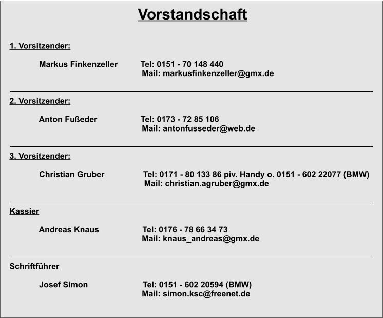 Vorstandschaft 1. Vorsitzender:               Markus Finkenzeller          Tel: 0151 - 70 148 440                                                           Mail: markusfinkenzeller@gmx.de             2. Vorsitzender:                             Anton Fußeder                   Tel: 0173 - 72 85 106                                                           Mail: antonfusseder@web.de                3. Vorsitzender:               Christian Gruber                 Tel: 0171 - 80 133 86 piv. Handy o. 0151 - 602 22077 (BMW)                                                            Mail: christian.agruber@gmx.de                Kassier                Andreas Knaus                   Tel: 0176 - 78 66 34 73                                                           Mail: knaus_andreas@gmx.de              	          Schriftführer               Josef Simon                        Tel: 0151 - 602 20594 (BMW)                                                           Mail: simon.ksc@freenet.de